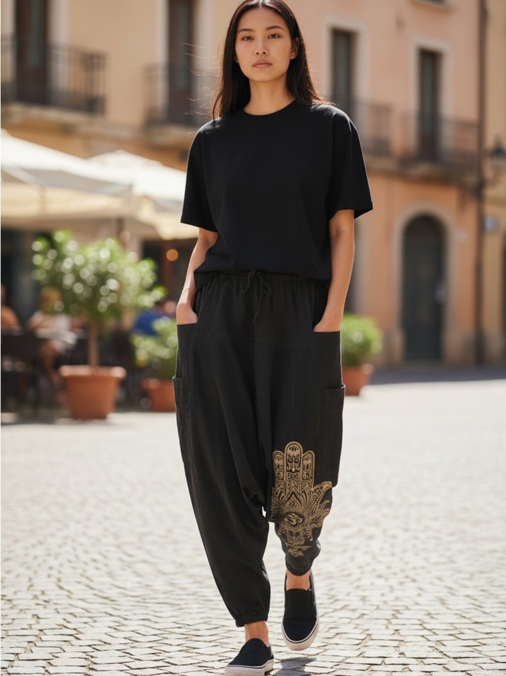 Black Hamsa Print Relaxed Jogger Pants for Women